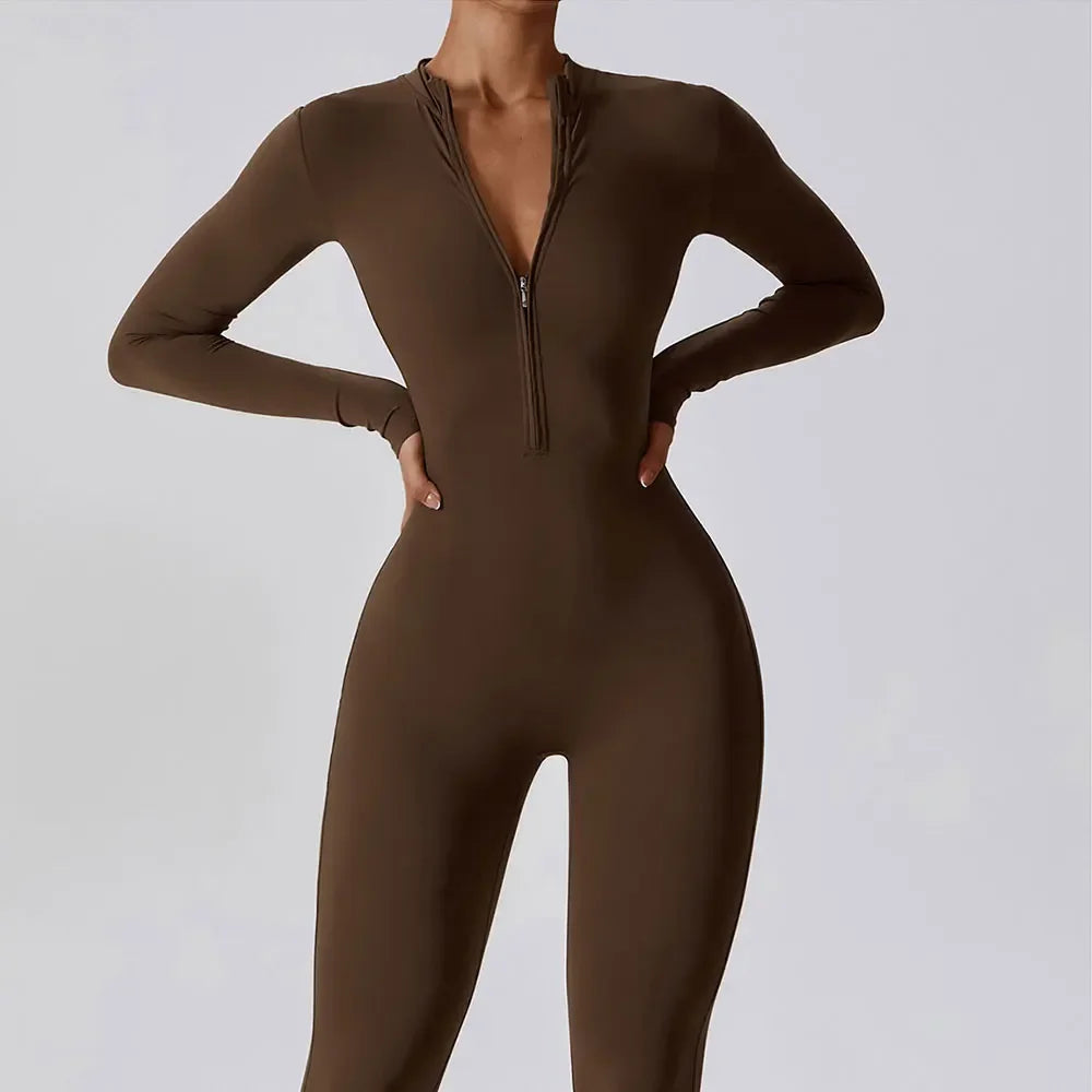 Women's Seamless Zip-Front Full-Length Active Jumpsuit – Anti-Pilling, Breathable Yoga Bodysuit