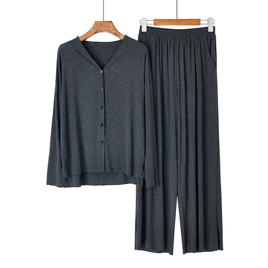 Women’s 2-Piece Knit Pajama Set – V-Neck Button Top & Full-Length Pants