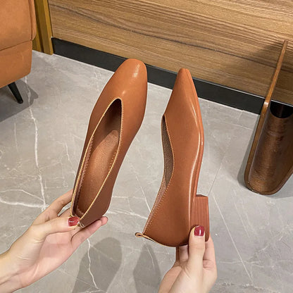 Women’s Soft PU Leather Square Toe Low Heel Pumps – Casual Comfort Shoes