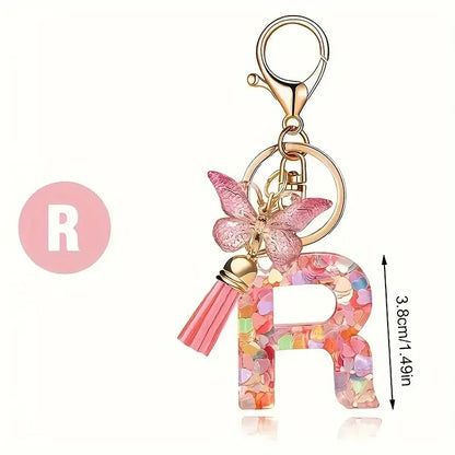 Personalised Resin Letter Keychain – Floral Design with Tassel & Charm
