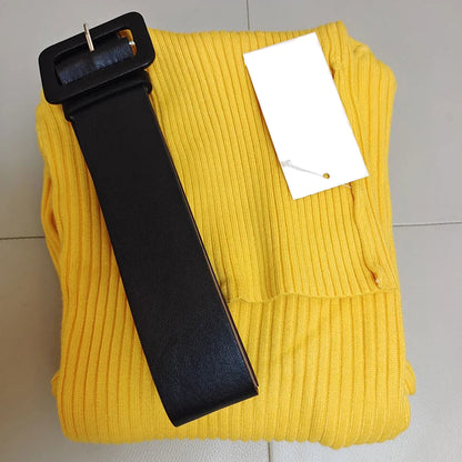 Ribbed Knit Turtleneck Midi Dress with Waist Belt