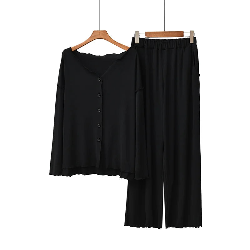 Women’s 2-Piece Knit Pajama Set – V-Neck Button Top & Full-Length Pants