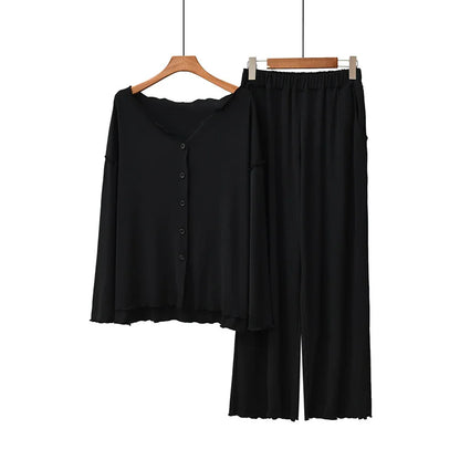 Women’s 2-Piece Knit Pajama Set – V-Neck Button Top & Full-Length Pants