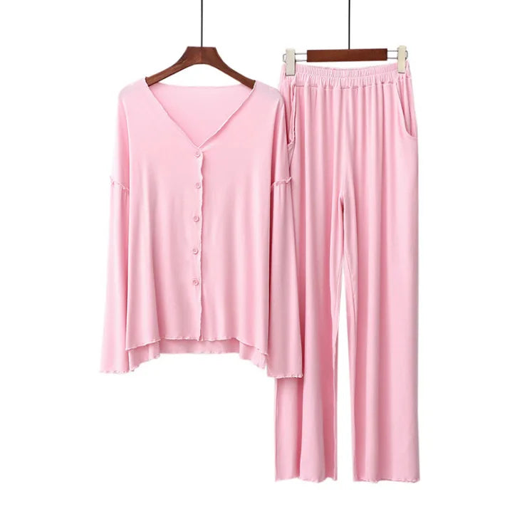 Women’s 2-Piece Knit Pajama Set – V-Neck Button Top & Full-Length Pants