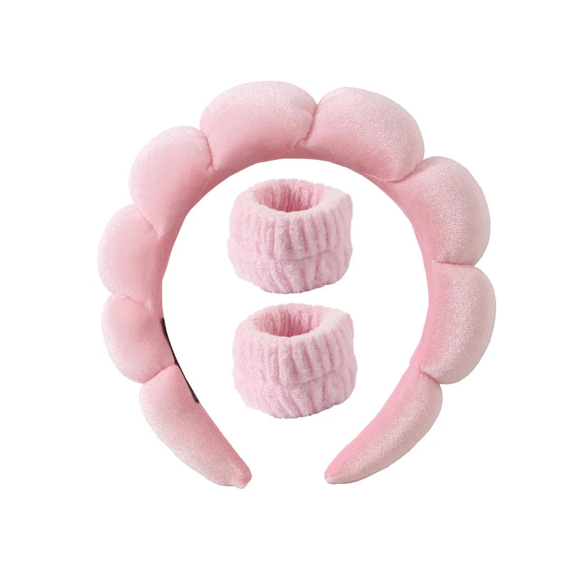 Fluffy Bubble Headband & Wristband Set – For Skincare, Makeup & Face Washing
