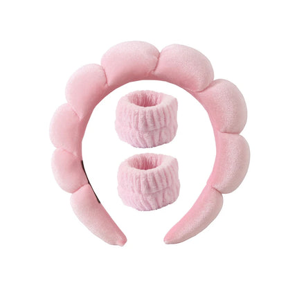 Fluffy Bubble Headband & Wristband Set – For Skincare, Makeup & Face Washing