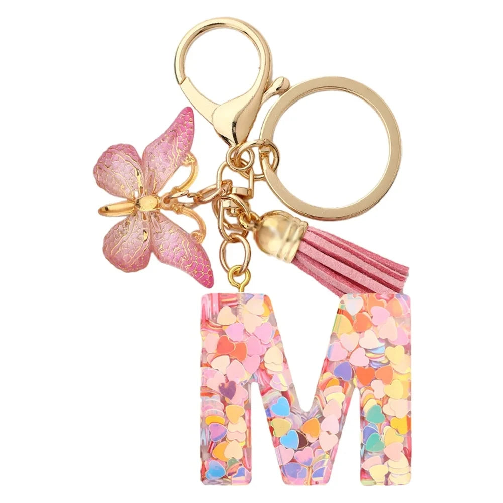 Personalised Resin Letter Keychain – Floral Design with Tassel & Charm