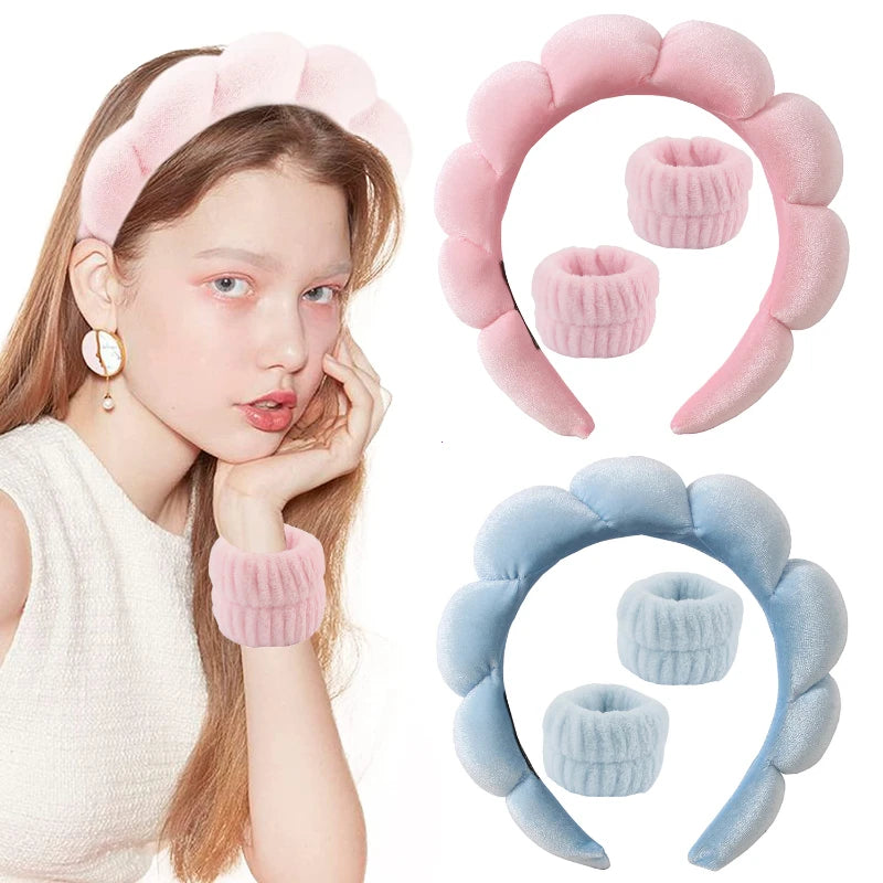 Fluffy Bubble Headband & Wristband Set – For Skincare, Makeup & Face Washing