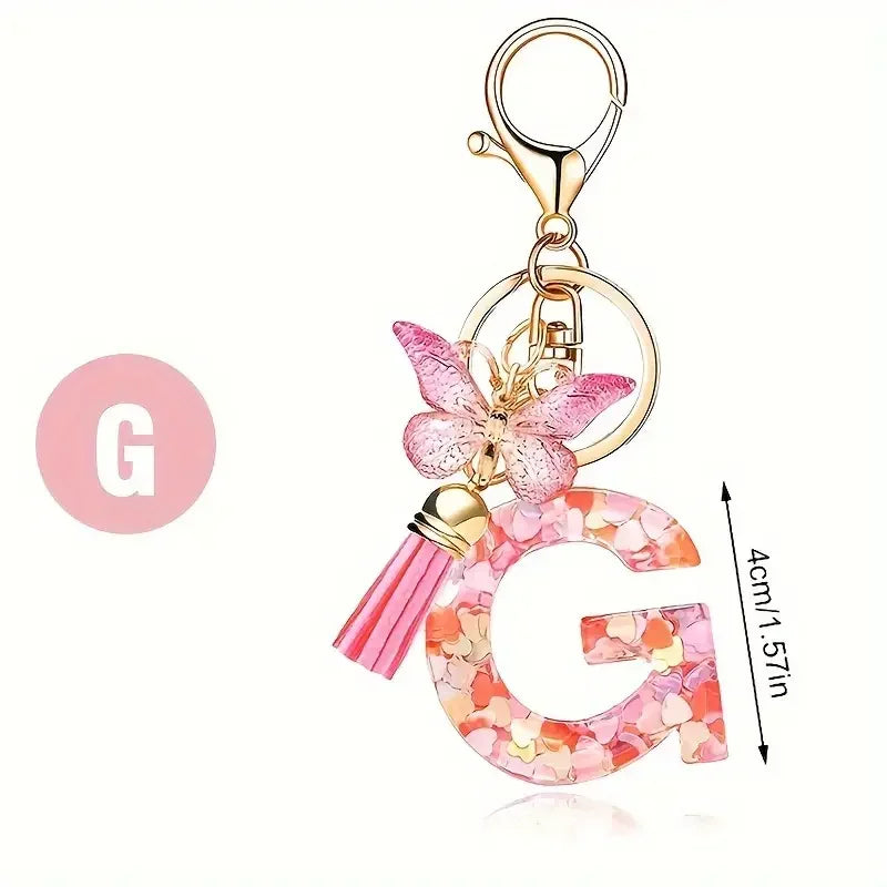 Personalised Resin Letter Keychain – Floral Design with Tassel & Charm