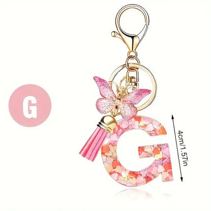 Personalised Resin Letter Keychain – Floral Design with Tassel & Charm