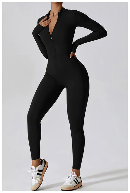Women's Seamless Zip-Front Full-Length Active Jumpsuit – Anti-Pilling, Breathable Yoga Bodysuit