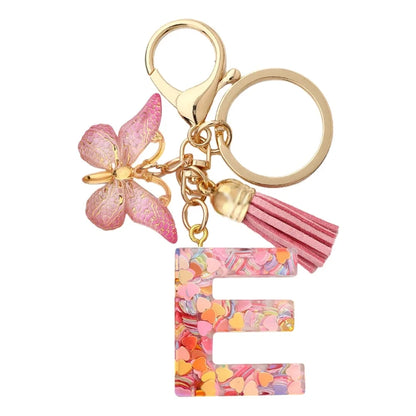 Personalised Resin Letter Keychain – Floral Design with Tassel & Charm