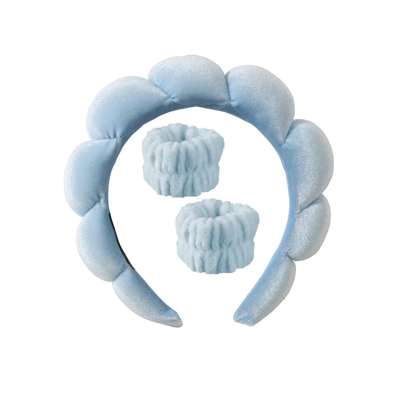 Fluffy Bubble Headband & Wristband Set – For Skincare, Makeup & Face Washing