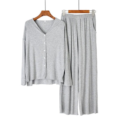 Women’s 2-Piece Knit Pajama Set – V-Neck Button Top & Full-Length Pants
