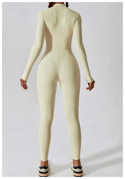 Women's Seamless Zip-Front Full-Length Active Jumpsuit – Anti-Pilling, Breathable Yoga Bodysuit