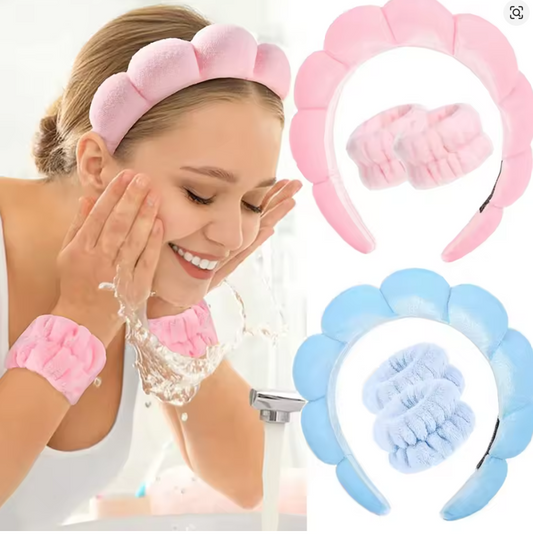 Fluffy Bubble Headband & Wristband Set – For Skincare, Makeup & Face Washing