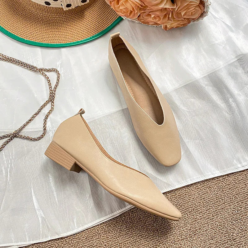 Women’s Soft PU Leather Square Toe Low Heel Pumps – Casual Comfort Shoes