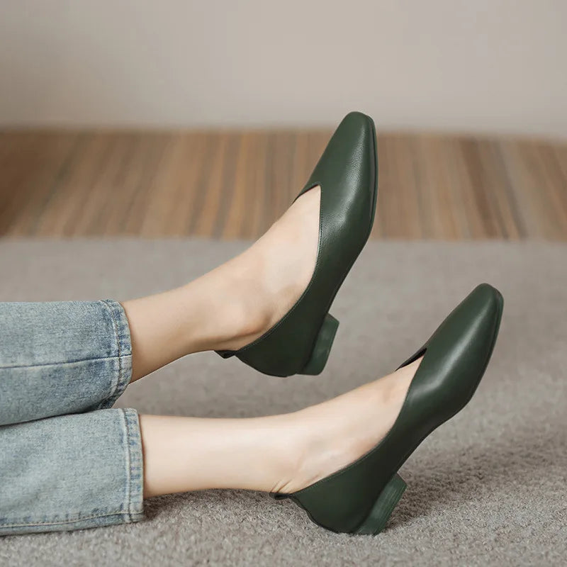 Women’s Soft PU Leather Square Toe Low Heel Pumps – Casual Comfort Shoes
