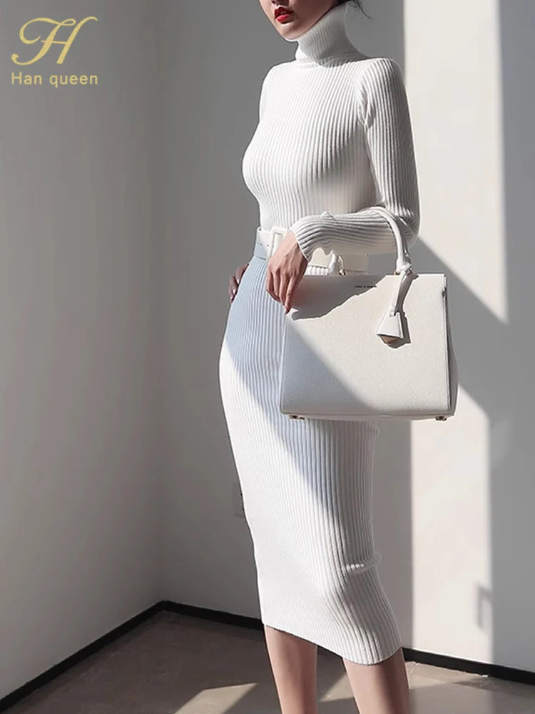 Ribbed Knit Turtleneck Midi Dress with Waist Belt