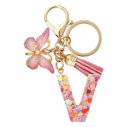 Personalised Resin Letter Keychain – Floral Design with Tassel & Charm