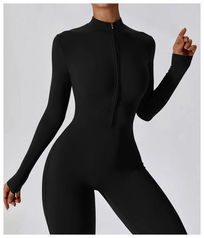 Women's Seamless Zip-Front Full-Length Active Jumpsuit – Anti-Pilling, Breathable Yoga Bodysuit
