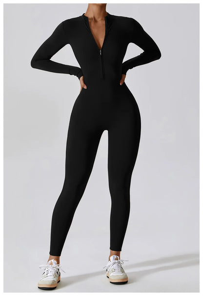 Women's Seamless Zip-Front Full-Length Active Jumpsuit – Anti-Pilling, Breathable Yoga Bodysuit