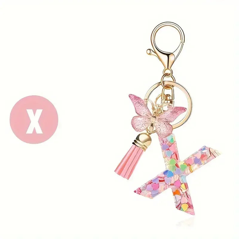 Personalised Resin Letter Keychain – Floral Design with Tassel & Charm