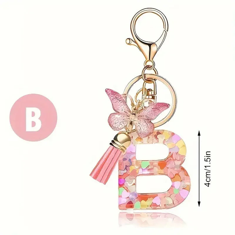 Personalised Resin Letter Keychain – Floral Design with Tassel & Charm