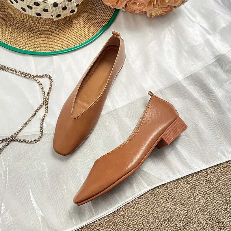 Women’s Soft PU Leather Square Toe Low Heel Pumps – Casual Comfort Shoes