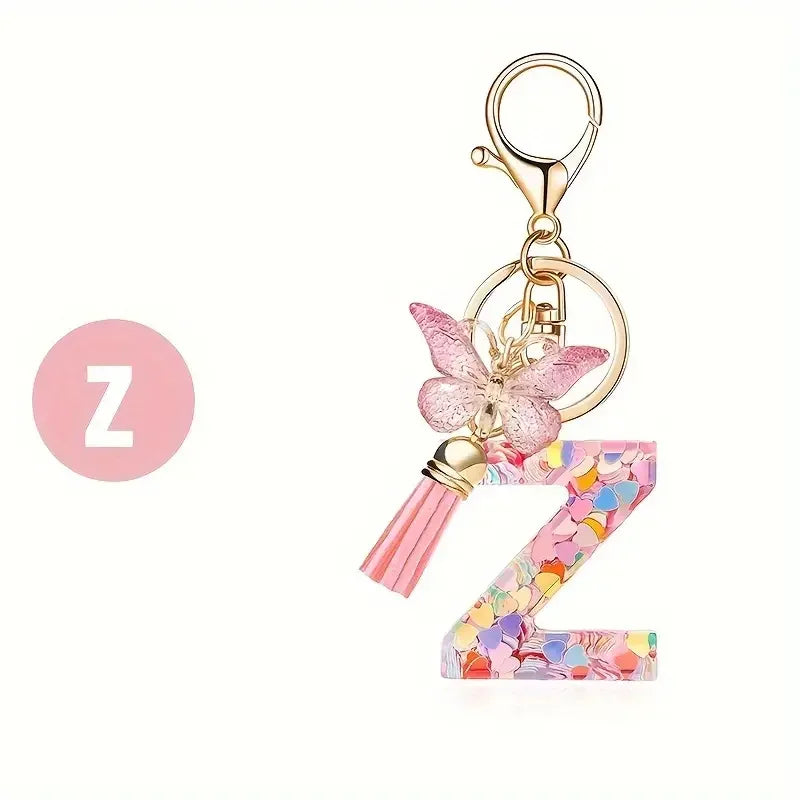 Personalised Resin Letter Keychain – Floral Design with Tassel & Charm