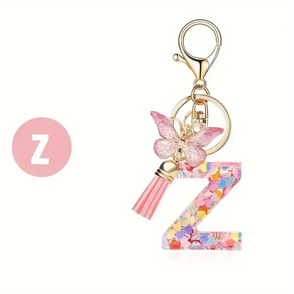 Personalised Resin Letter Keychain – Floral Design with Tassel & Charm