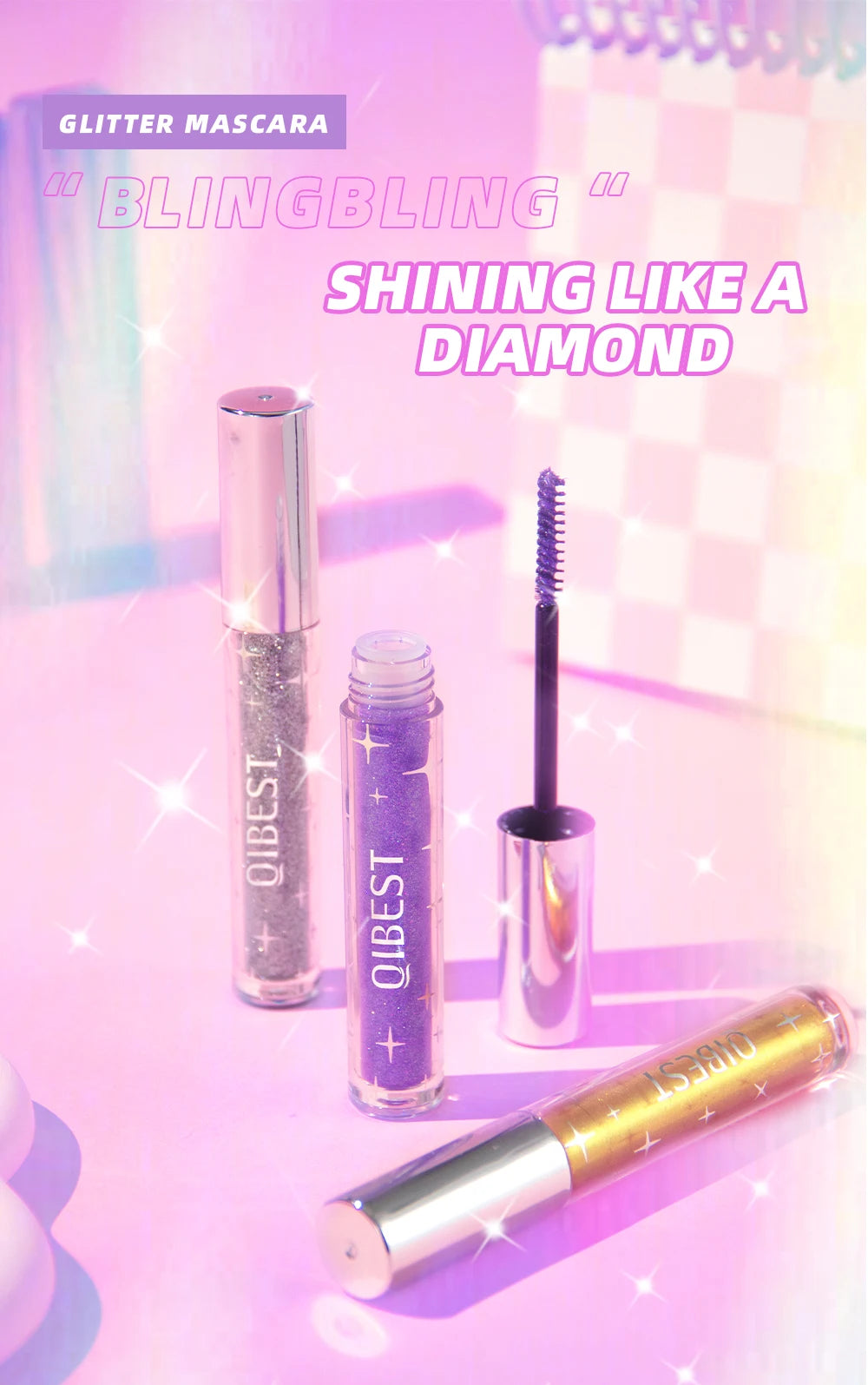 QiBest Glitter Mascara – 4D Silk Fiber Eyelash Lengthening, Curling & Waterproof Mascara