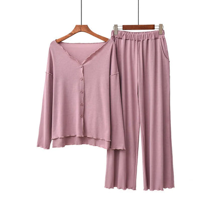 Women’s 2-Piece Knit Pajama Set – V-Neck Button Top & Full-Length Pants