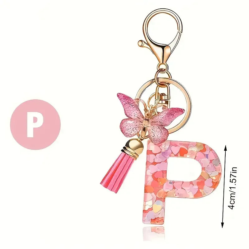 Personalised Resin Letter Keychain – Floral Design with Tassel & Charm