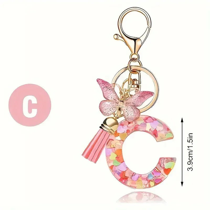 Personalised Resin Letter Keychain – Floral Design with Tassel & Charm